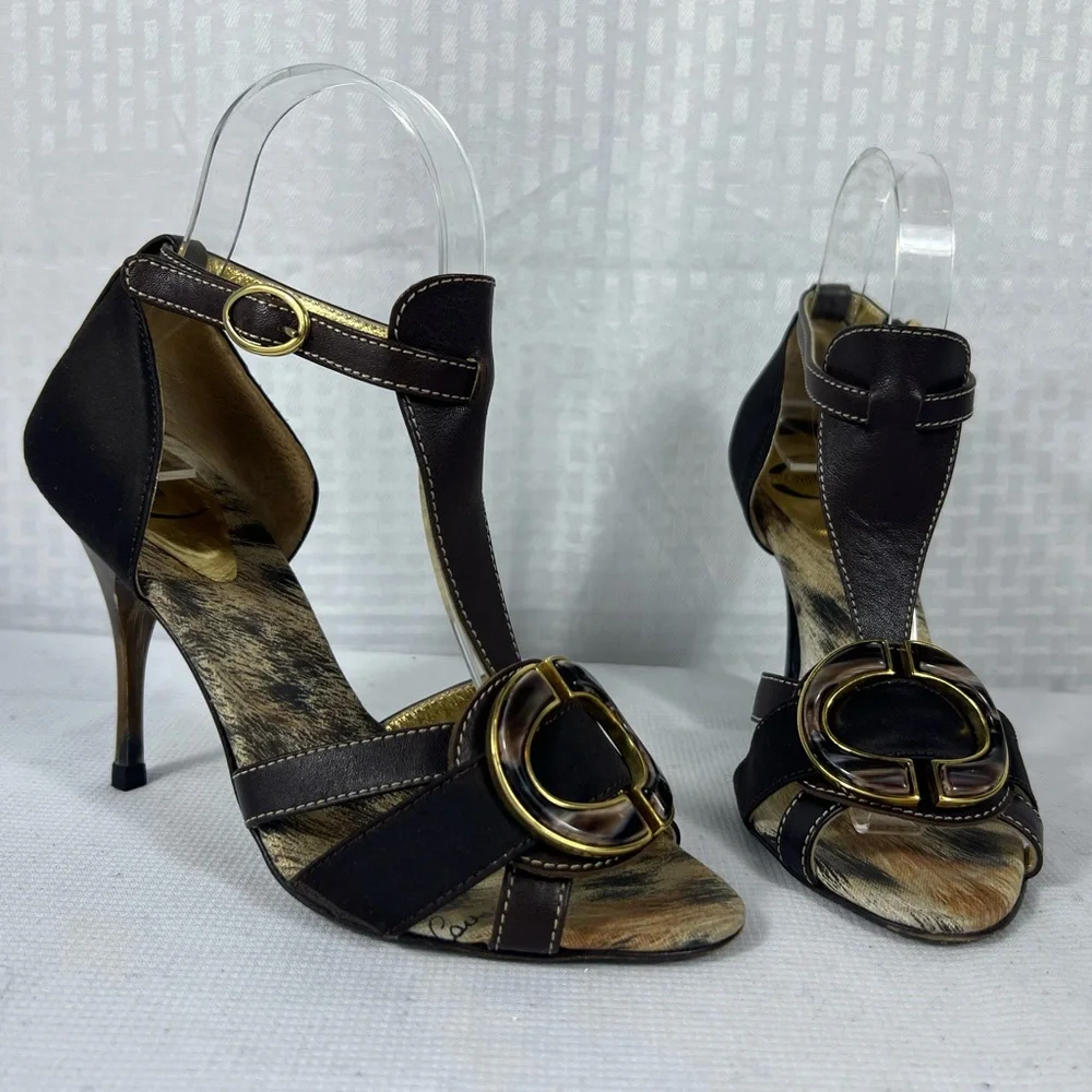 7232: Just Cavalli Brown T-Strap Heels EU 36.5